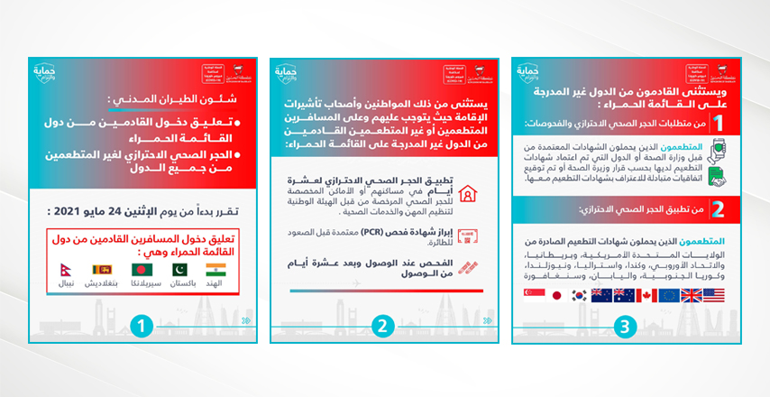 شئون الطيران المدني: تعليق دخول القادمين إلى مملكة البحرين من الدول المدرجة على القائمة الحمراء وتطبيق الحجر الصحي الاحترازي لغير المتطعمين من جميع الدول