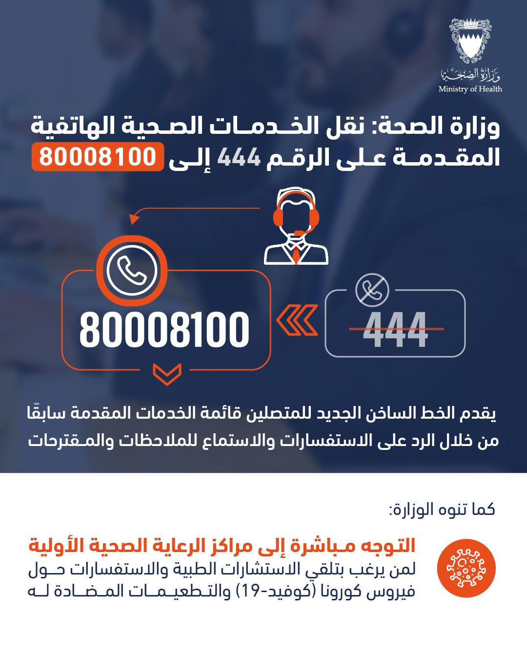 وزارة الصحة: نقل الخدمات الصحية الهاتفية المقدمة على الرقم 444 إلى 80008100