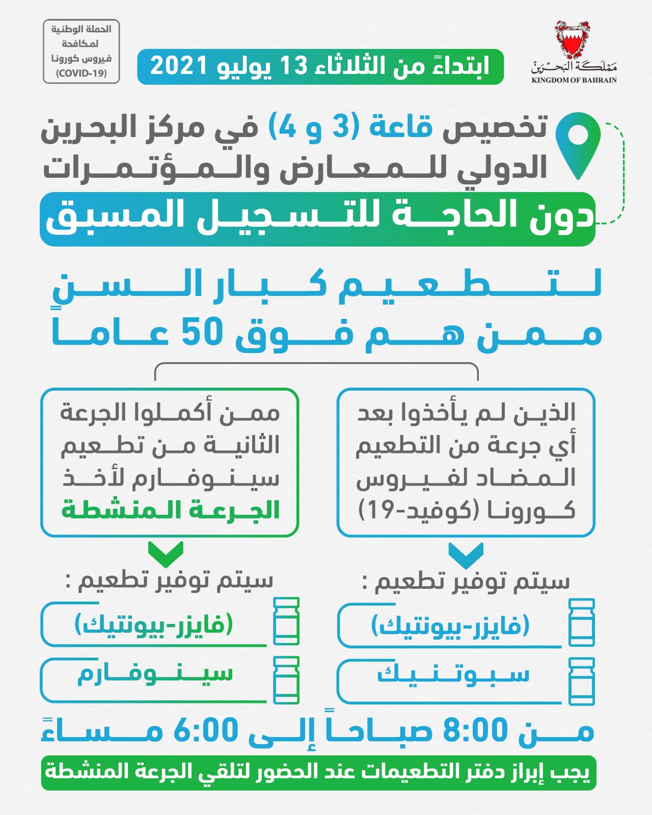 مؤكدة أهمية أخذ الفئات المعرضة للخطر للتطعيم والجرعة المنشطة منه وزارة الصحة: تخصيص قاعتين في مركز البحرين الدولي للمعارض والمؤتمرات لتطعيم كبار السن دون الحاجة للتسجيل المسبق