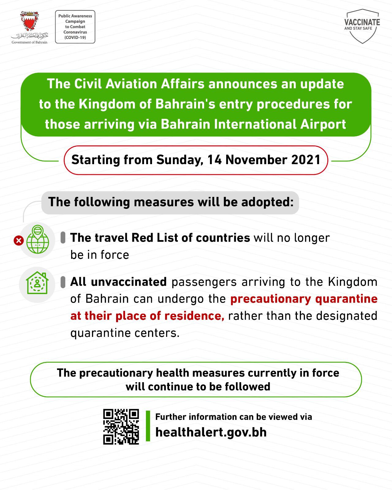Bahrain travel entry procedures update: 10 November 2021
