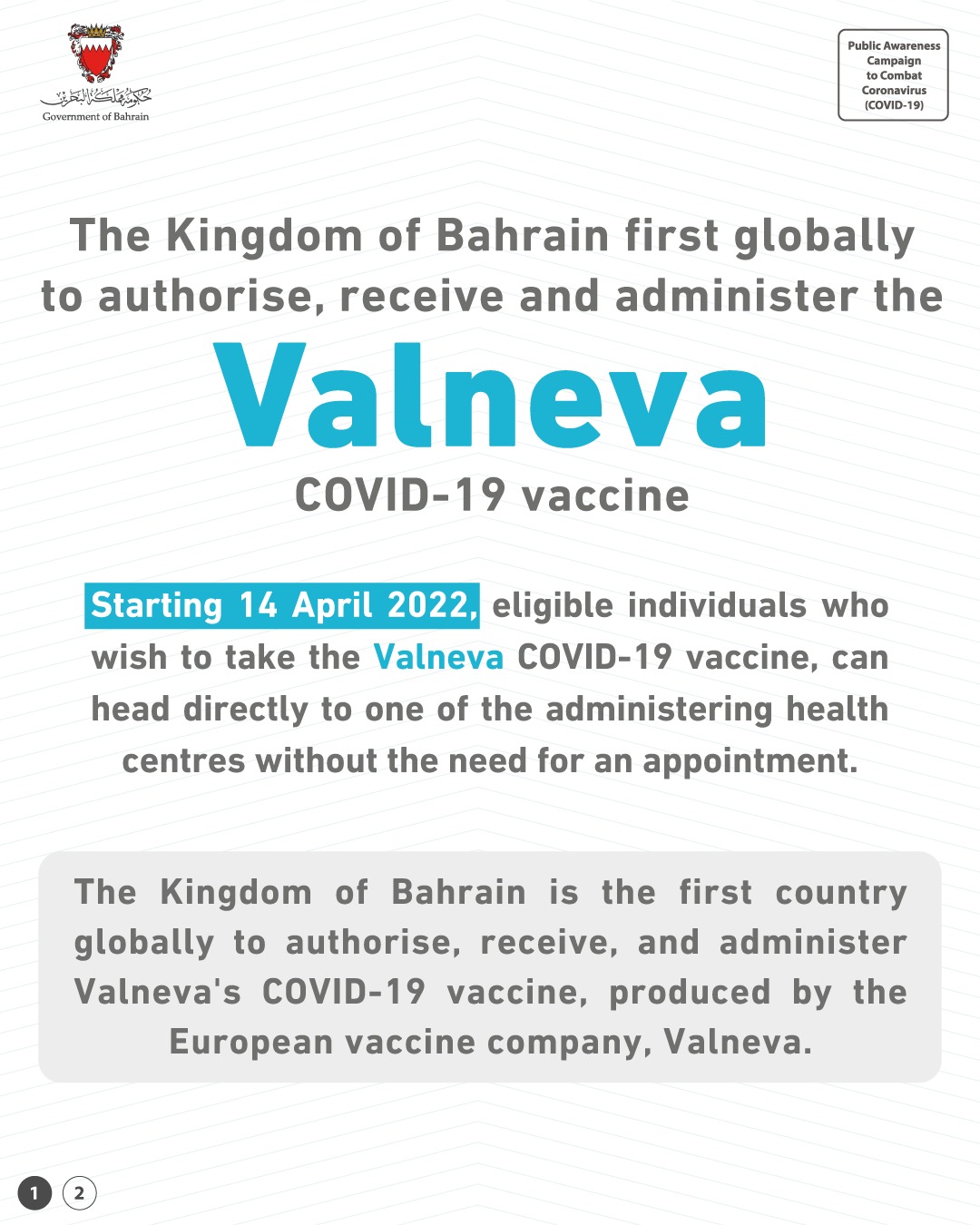 The Kingdom of Bahrain first globally to authorise, receive and administer the Valneva COVID-19 vaccine: 14 April 2022